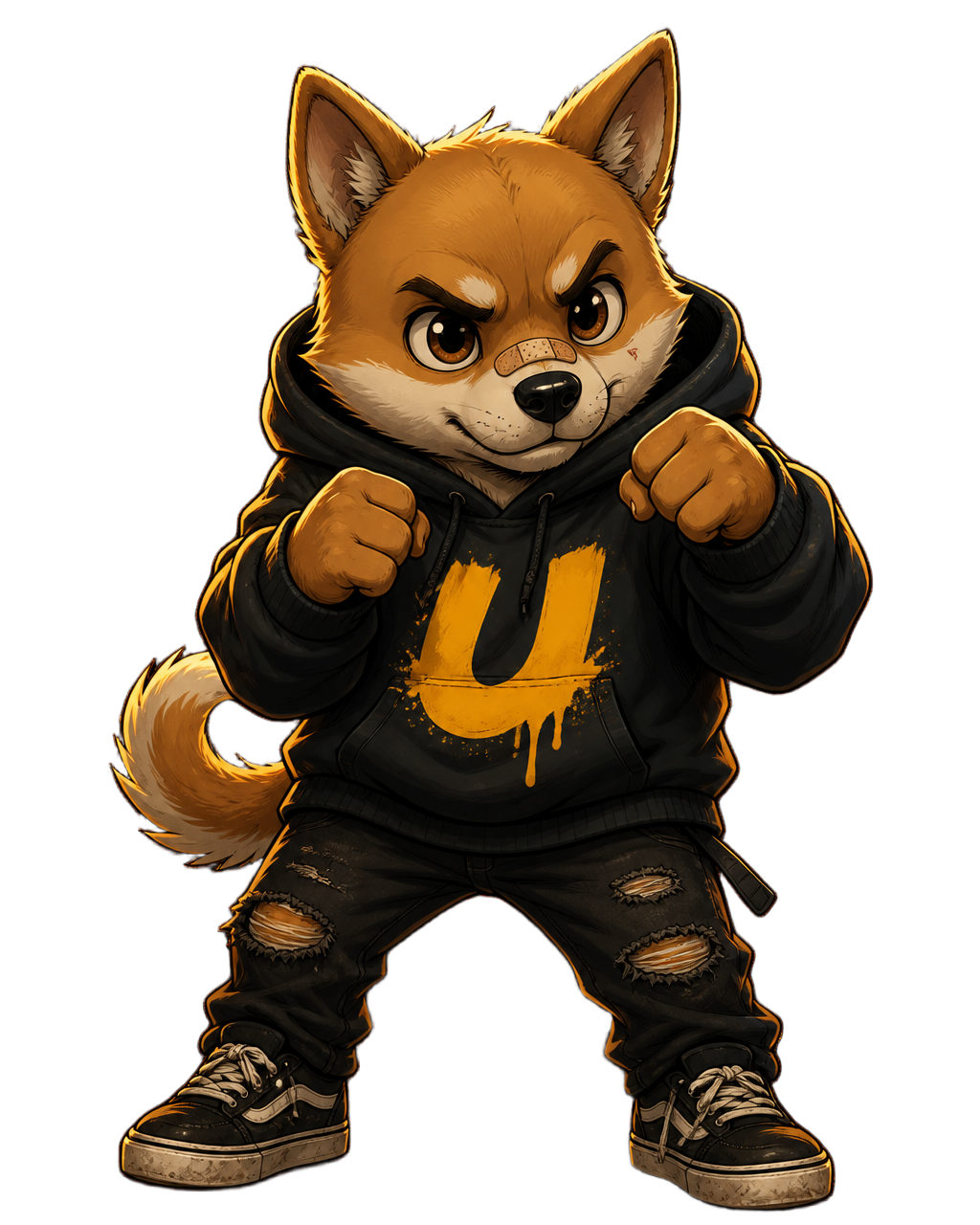 Underdog mascot — a scrappy shiba in a black hoodie with a yellow U logo, fists raised